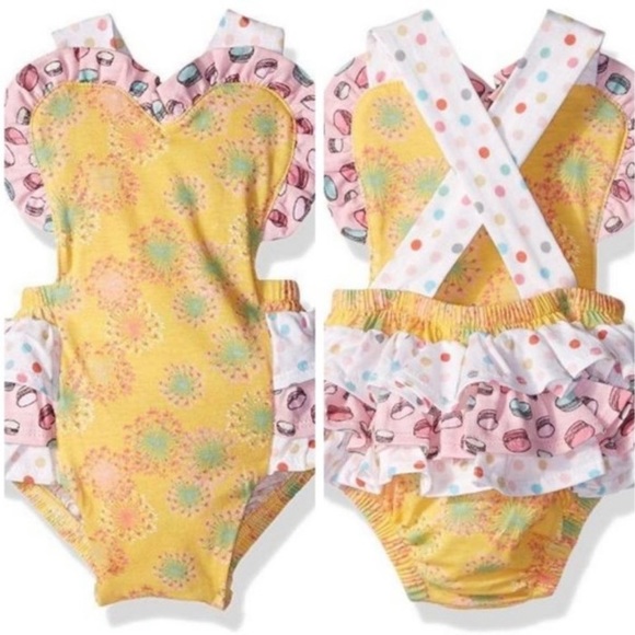 NWT Jelly & The Pug Yellow Multi Colorful Macaroon Printed Ruffle Summer Romper - Picture 2 of 6